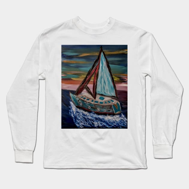 yacht sailing in the open ocean Long Sleeve T-Shirt by kkartwork